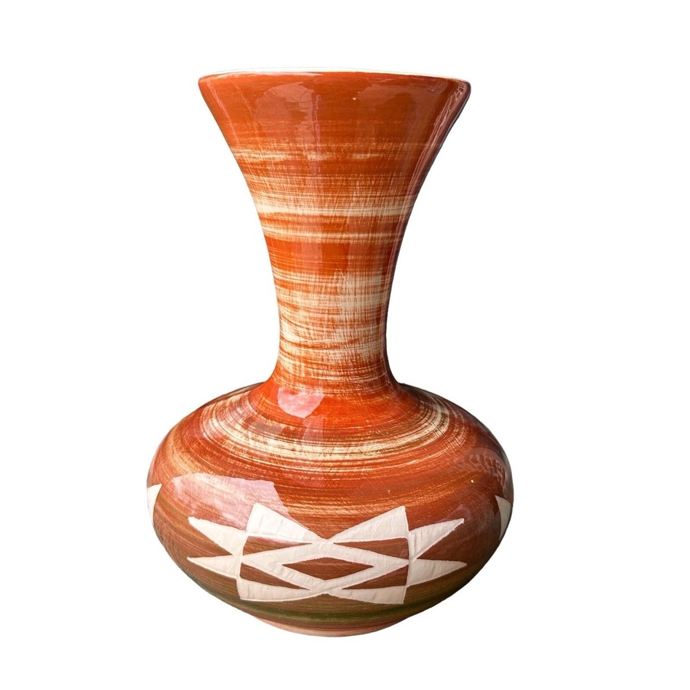 Vintage Native American Sioux Pottery Vase 9.25 Inch Glazed Orange White Signed
